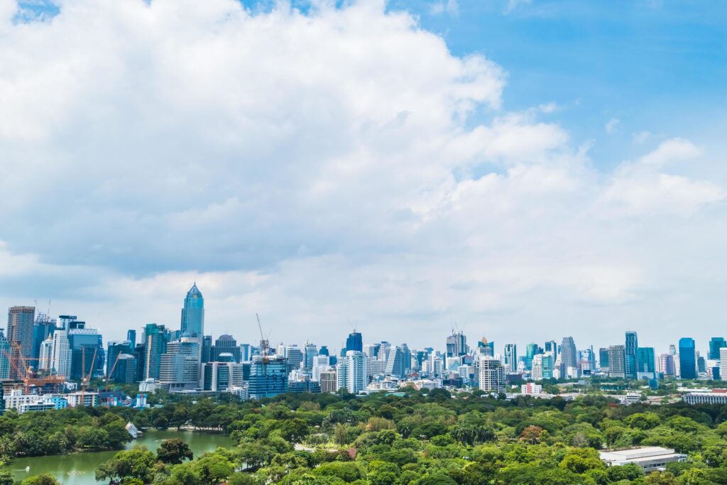 Beautiful office building tower and architecture in bangkok city Stock Free