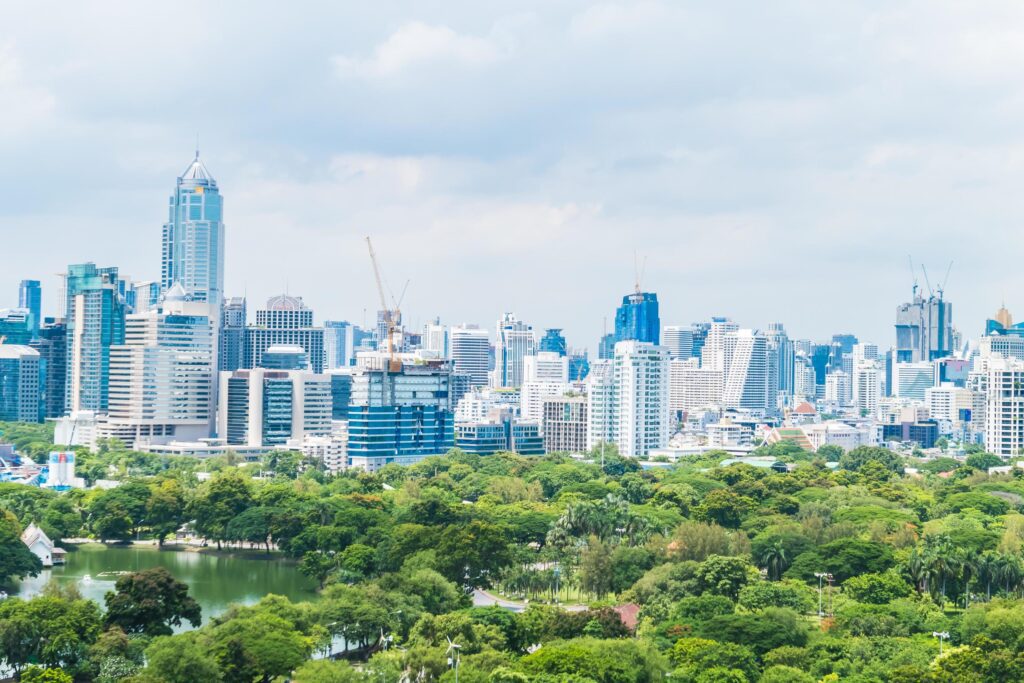 Beautiful office building tower and architecture in bangkok city Stock Free