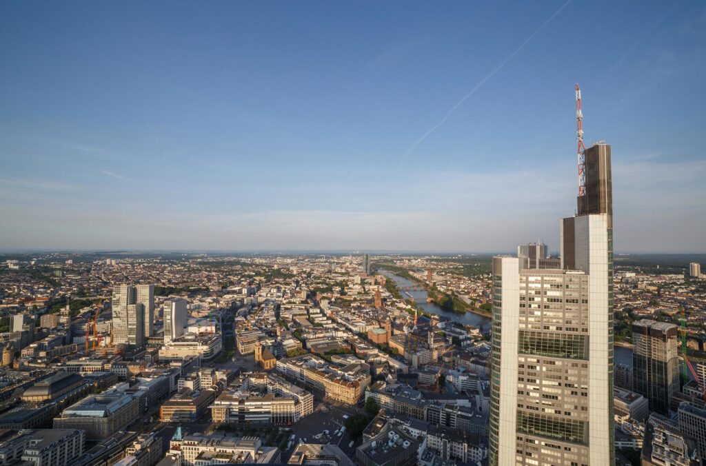 view on Frankfurt am Main from roof of skyscraper Stock Free