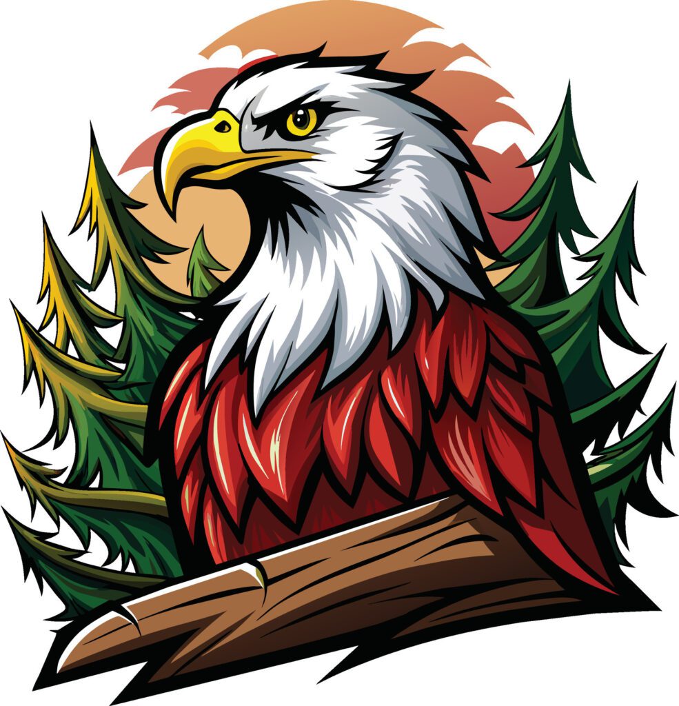 Eagle head with pine trees in the background. Vector illustration. Free Vector