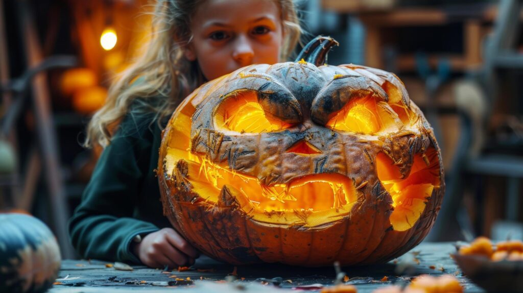 Caucasian teenage girl with spooky art of carving pumpkins on Halloween holiday. AI-Generated Free Photo