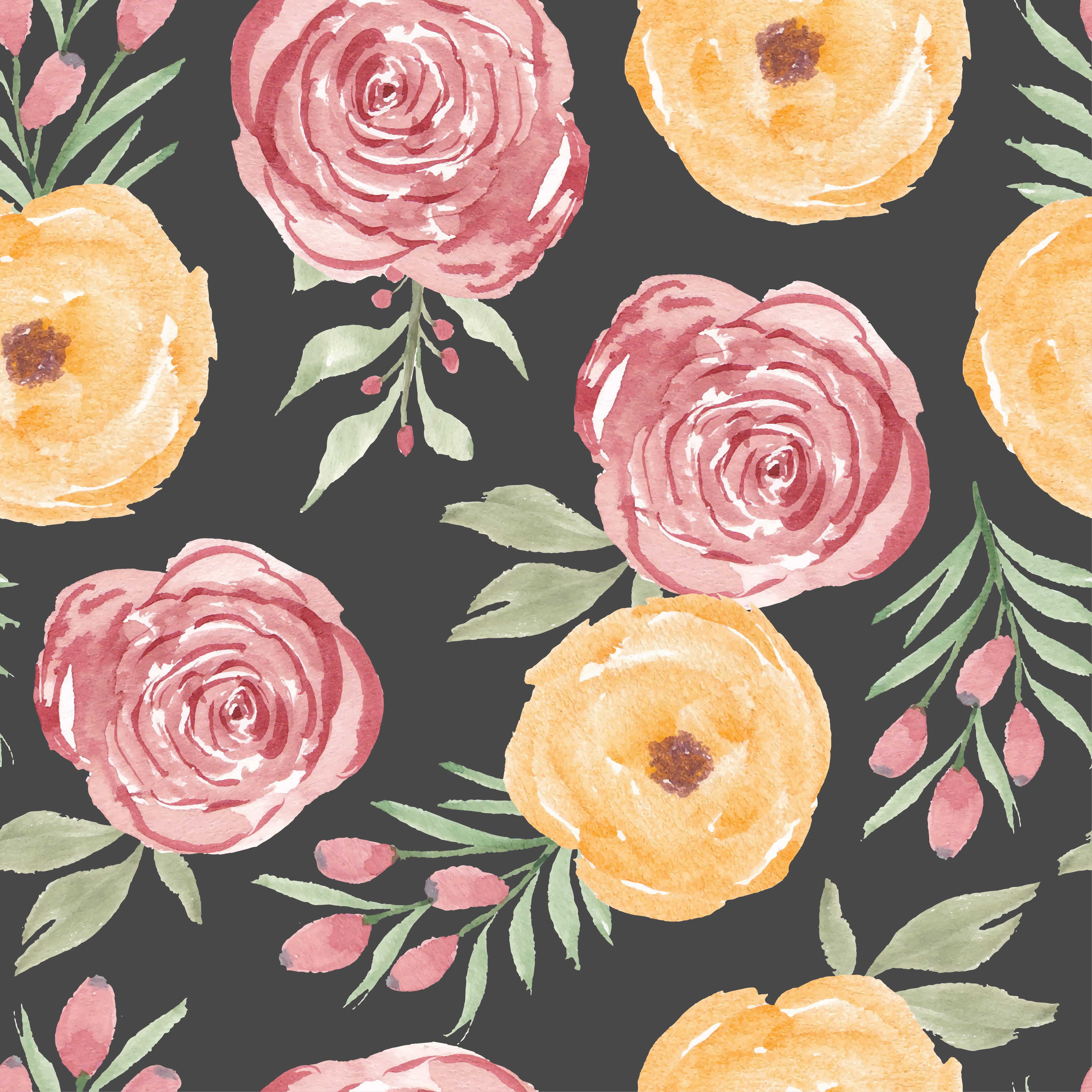 Watercolor yellow pink rose flower seamless pattern Free Vector