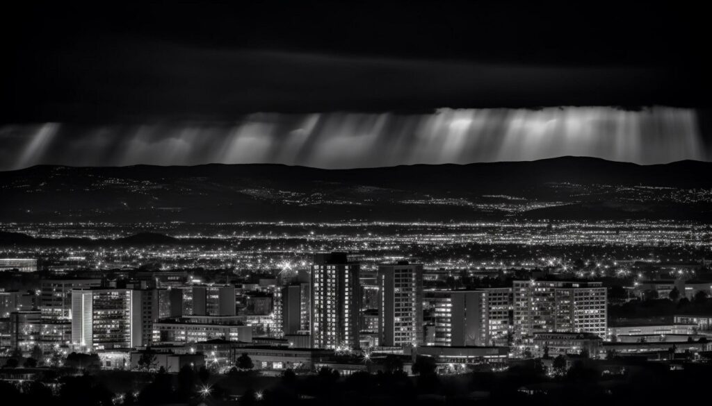 Dramatic skyline illuminated by lightning in black and white monochrome generated by AI Stock Free