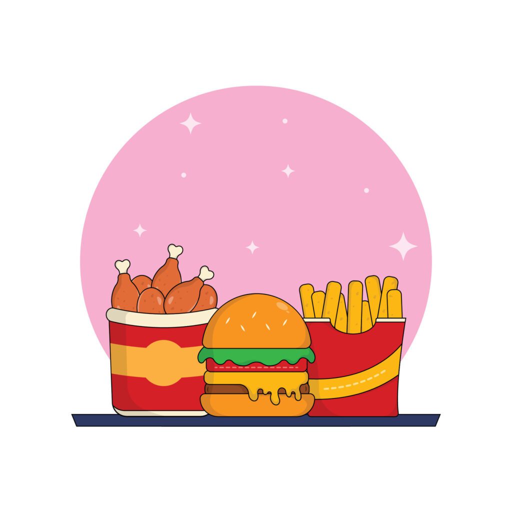 icon combo burger,french fries, fried chicken illustration.fast food and drink concept suitable for landing page,sticker,banner,background,logo Free Vector