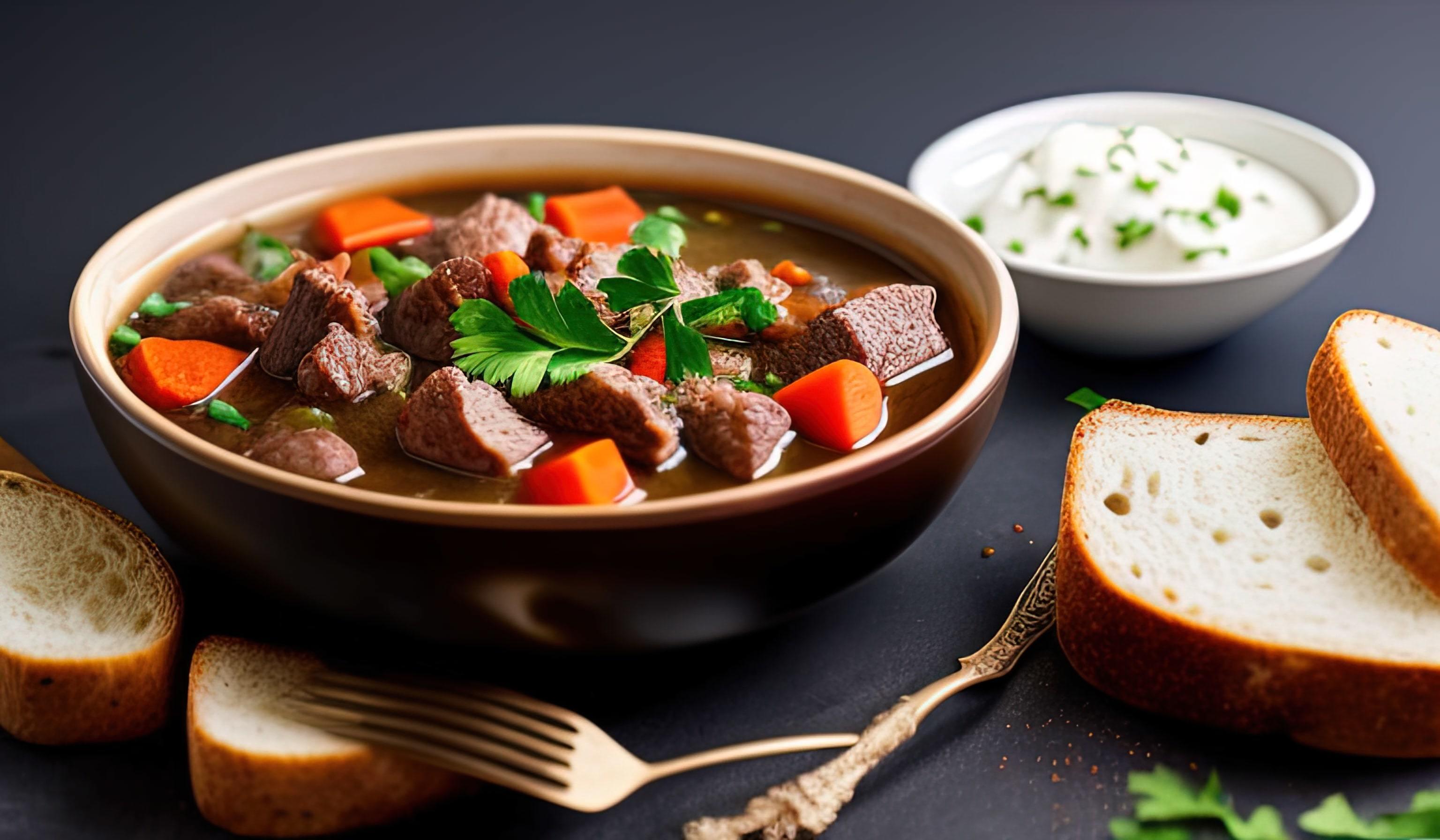 professional food photography close up of a a bowl of beef stew with bread on the side Stock Free