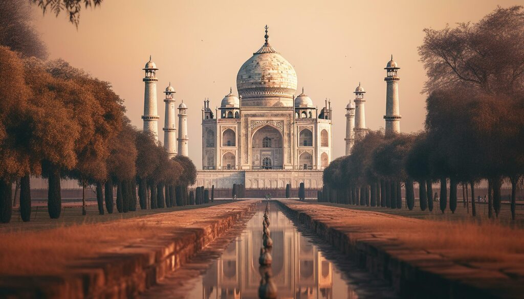 Sunset illuminates famous mausoleum, symbol of spirituality generated by AI Stock Free