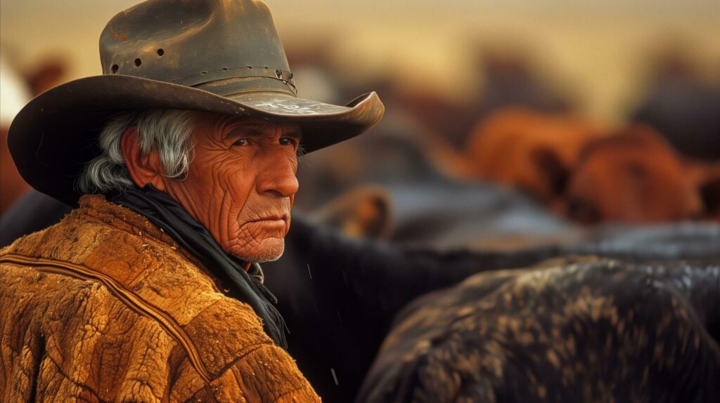 The old man is keeping an eye on the cows. Generative AI Free Photo