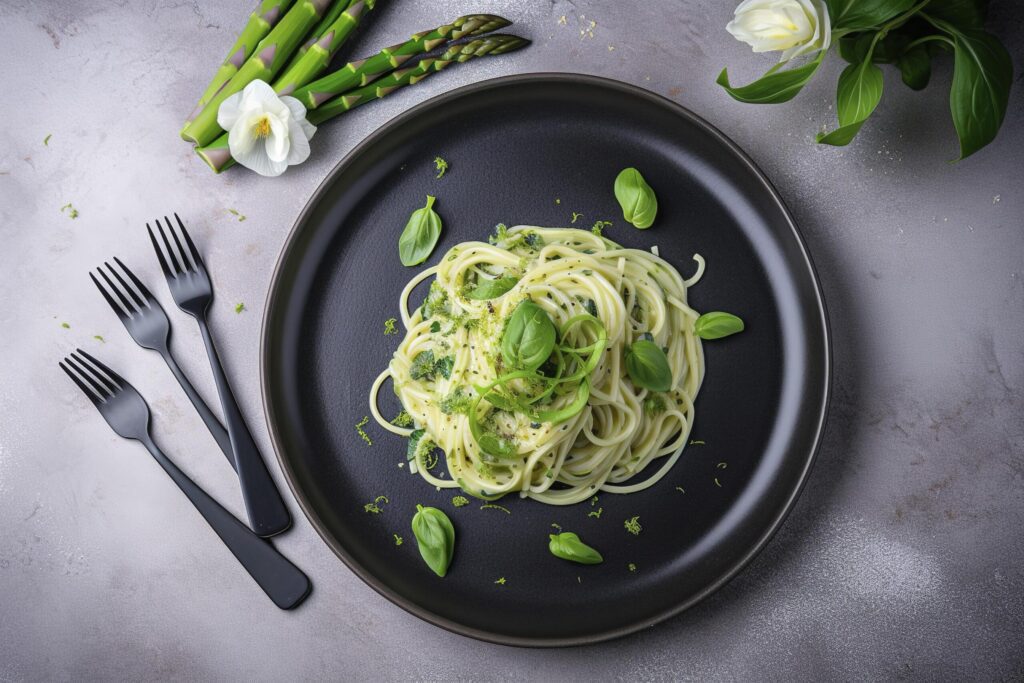 Traditional Italian spaghetti with asparagus in a herb sauce served as a top view on a Nordic design plate, generate ai Free Photo