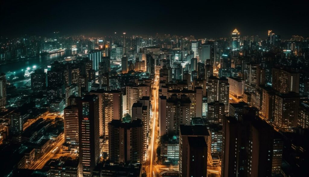 Modern skyscrapers illuminate Beijing financial district at twilight generated by AI Stock Free