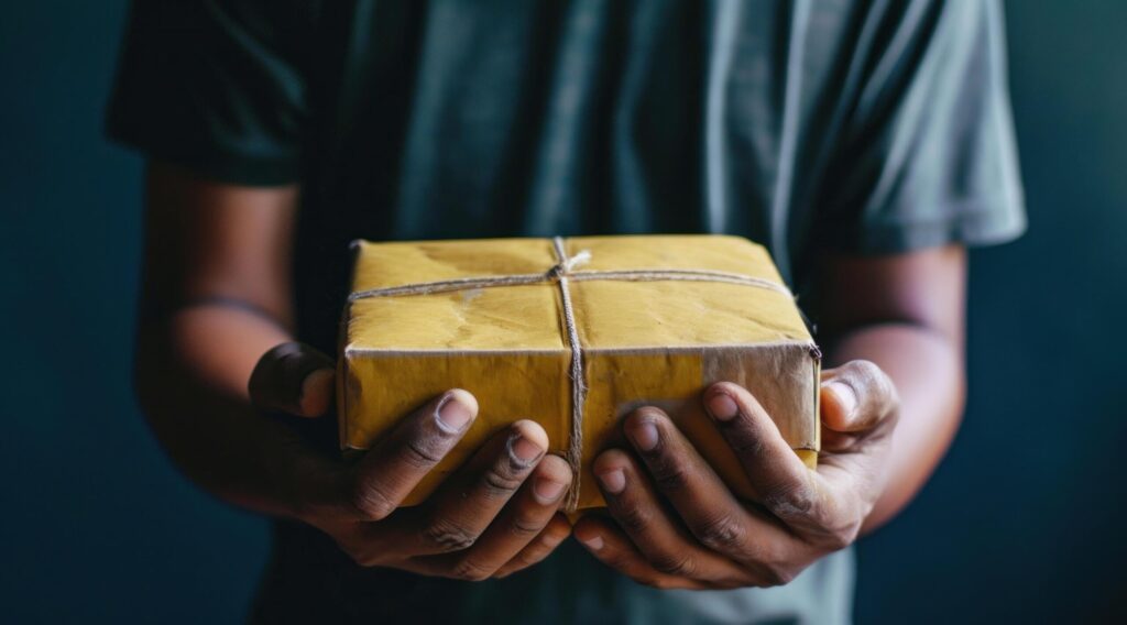 a man hold a delivery parcel on their hands Free Photo