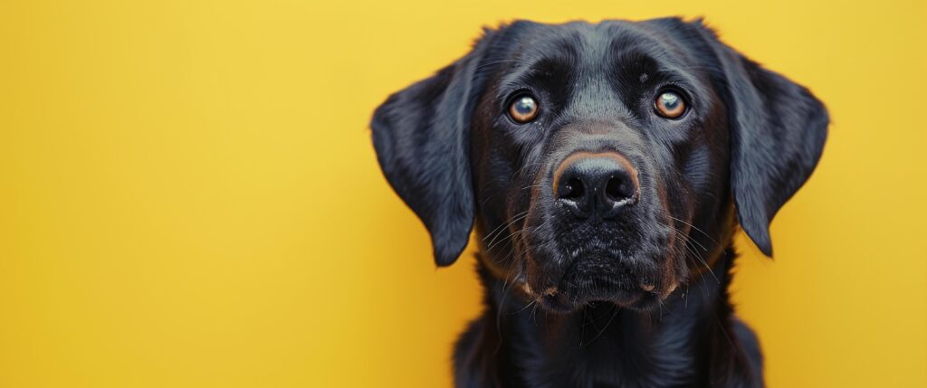 Black Dog Looking at Camera on Yellow Background Stock Free