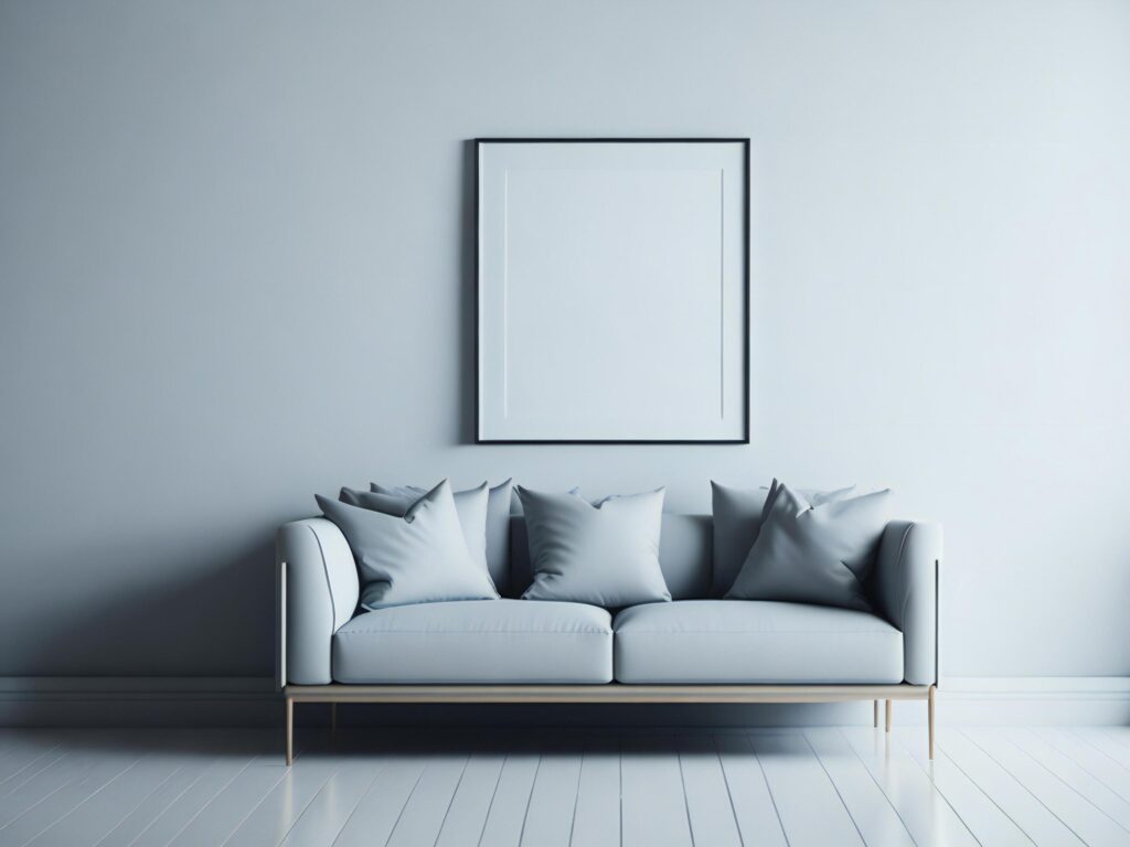 Blank photo frame mockup in white minimalistic room with copy space for artwork, photo or print presentation . Stock Free