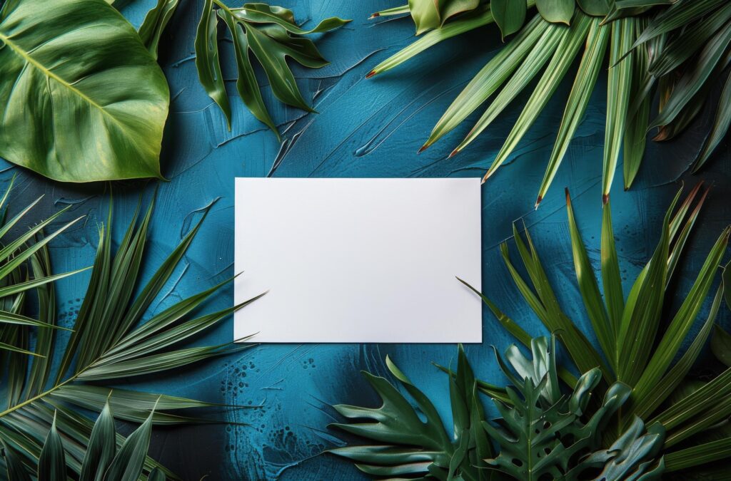 Blank Paper Surrounded by Tropical Leaves on Blue Background Stock Free