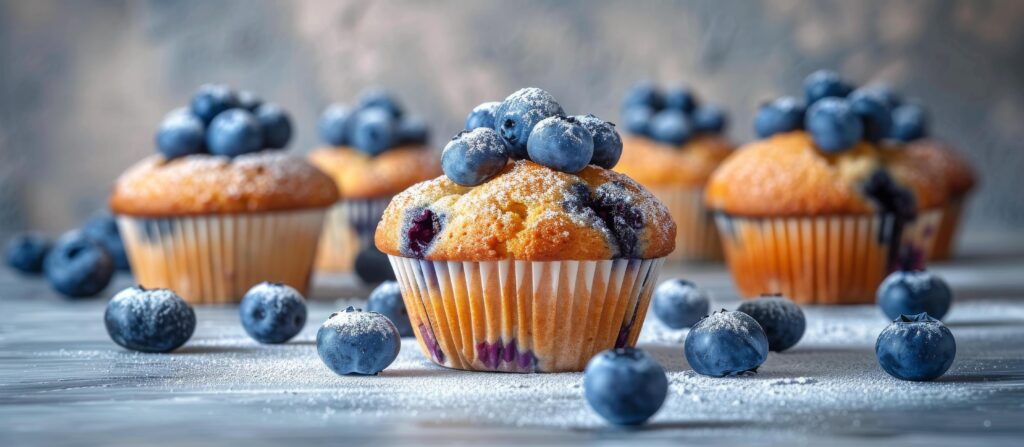 Blueberry Muffins With Powdered Sugar on a Grey Background Stock Free