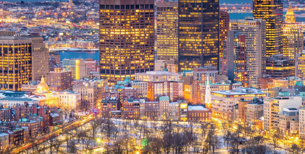 Boston Downtown skyline in USA at night Stock Free