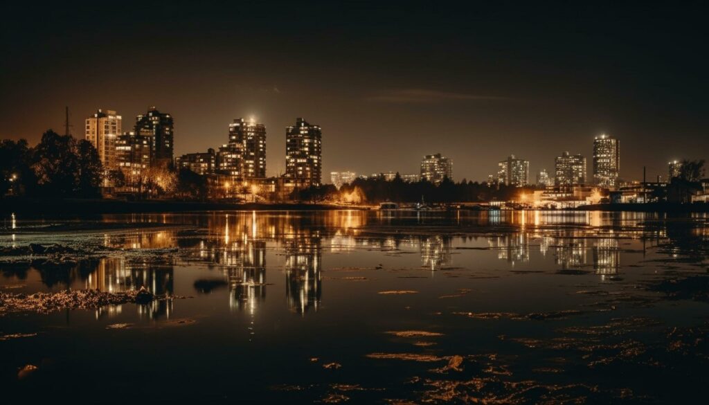 Bright city skyline reflects on tranquil water generated by AI Stock Free