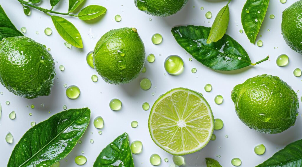 Bunch of Limes and Leaves on White Background Stock Free