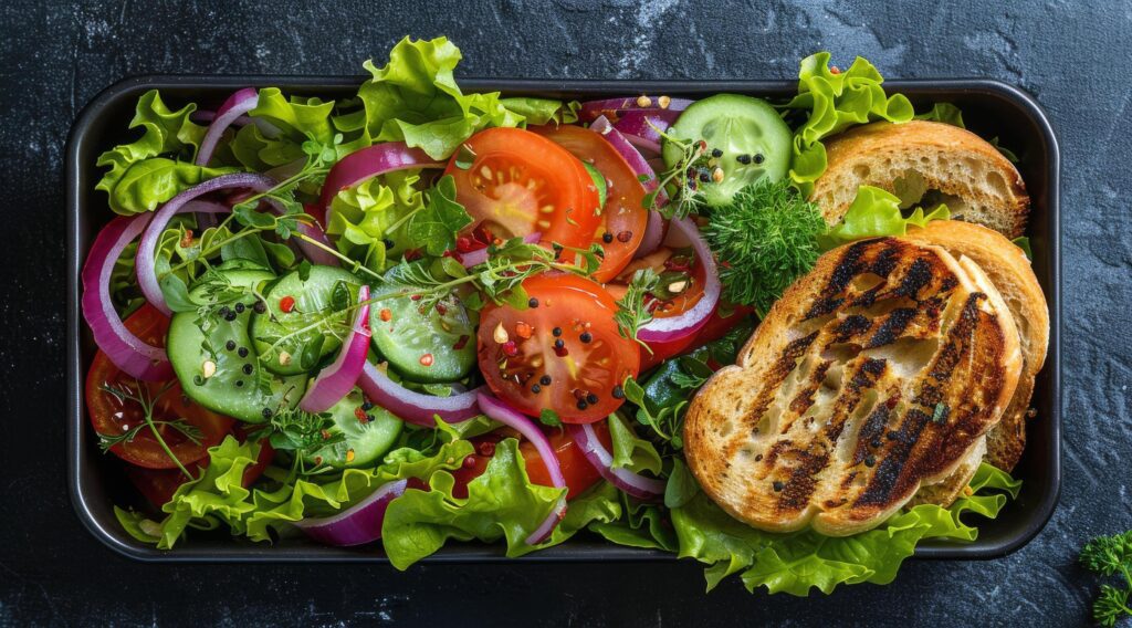 Burger and Salad in Black Container on Dark Background Stock Free