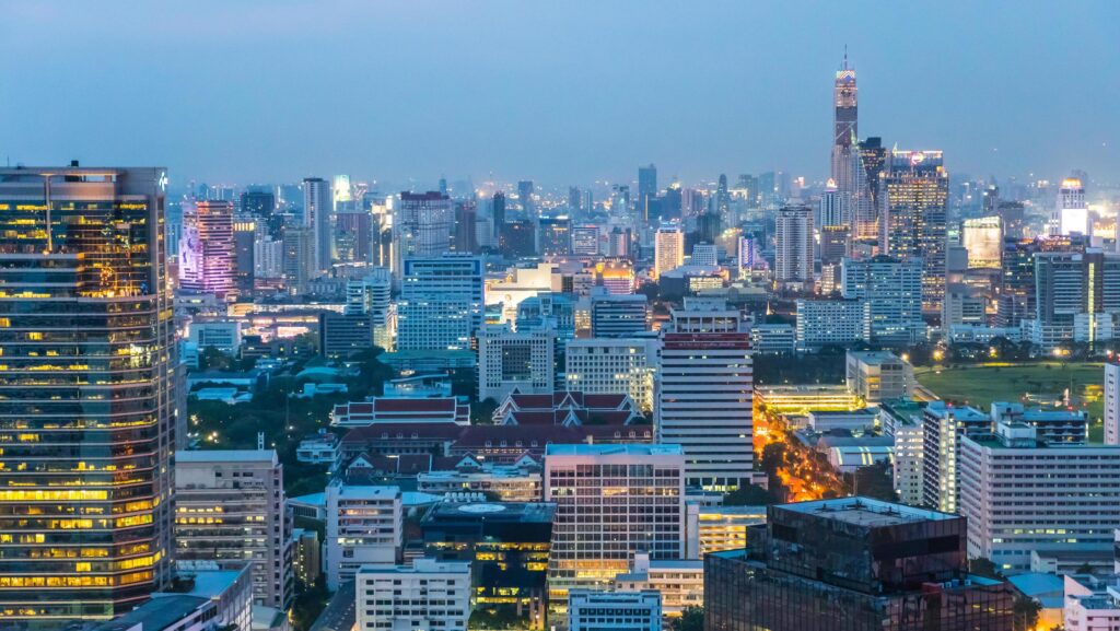 Business area with high building at night, Bangkok, Thailand Stock Free