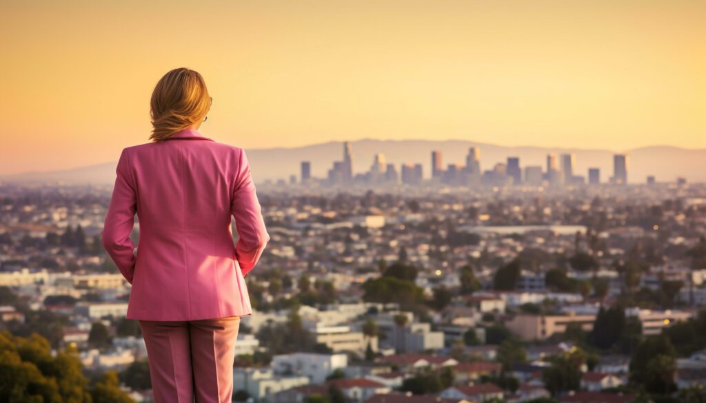 Businesswoman standing on rooftop, watching city life at sunset generated by AI Stock Free