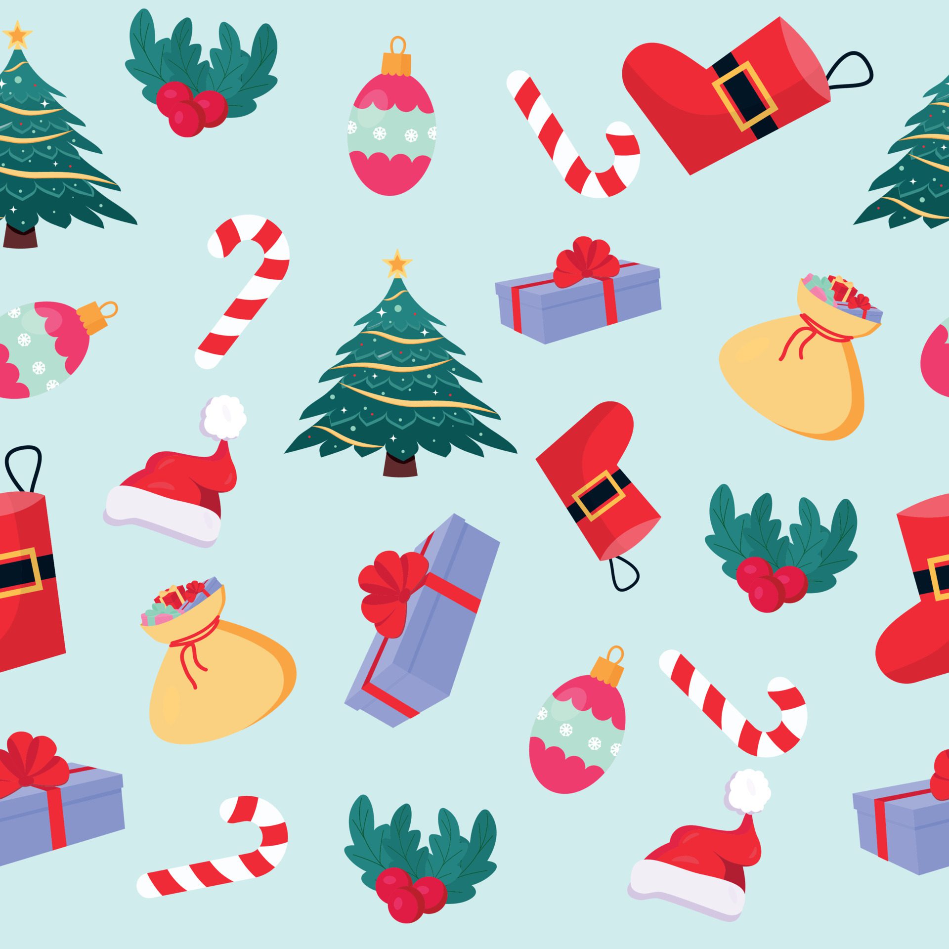 Seamless Christmas pattern with ornaments on light background. Vector illustration Free Vector