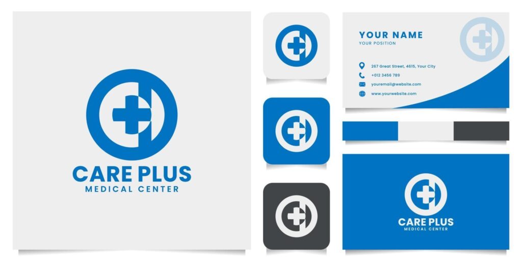 Simple and Minimalist Medical Cross Emblem Logo with Business Card Template Stock Free