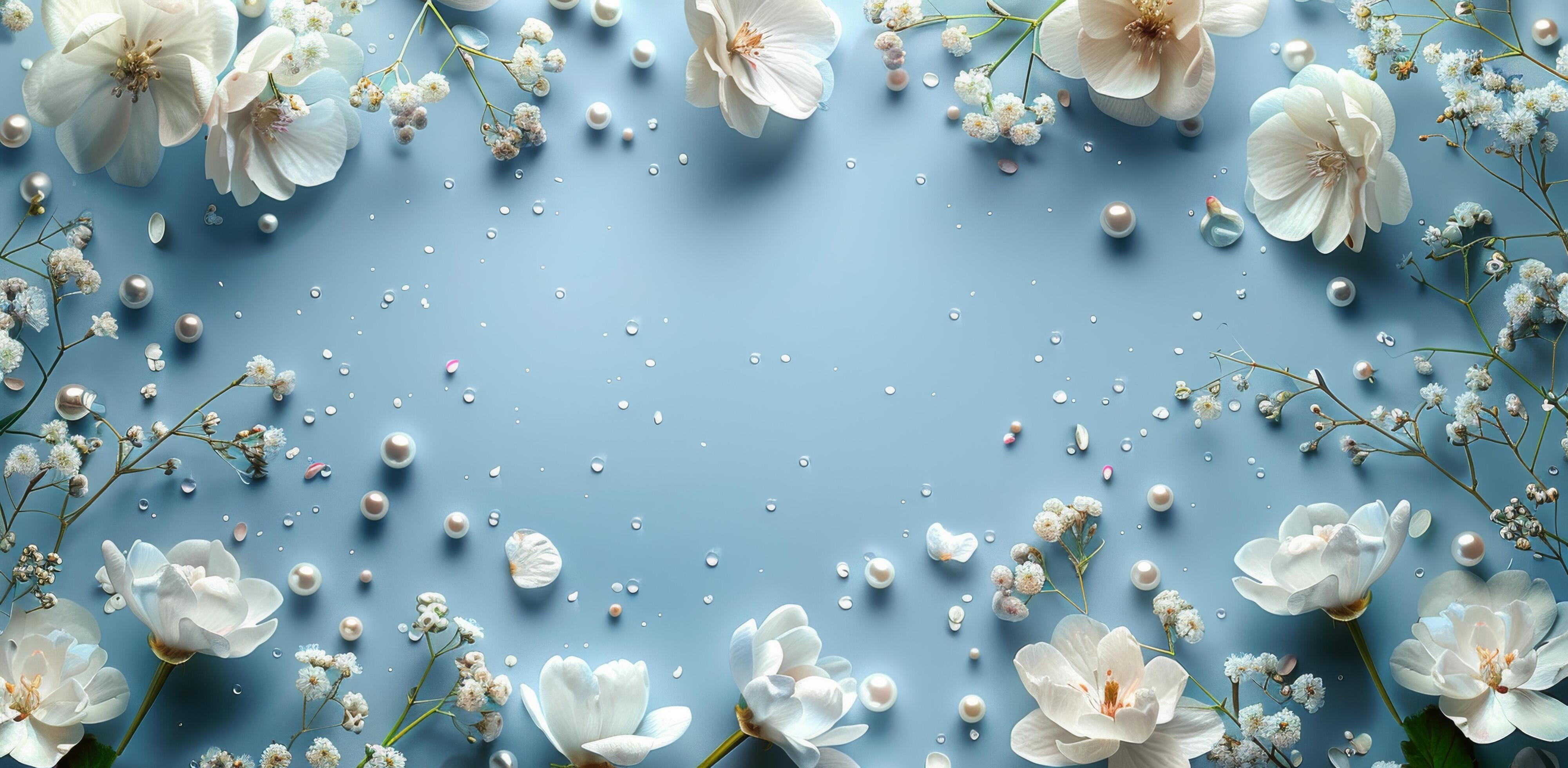 White Flowers and Pearls on Light Blue Background Stock Free