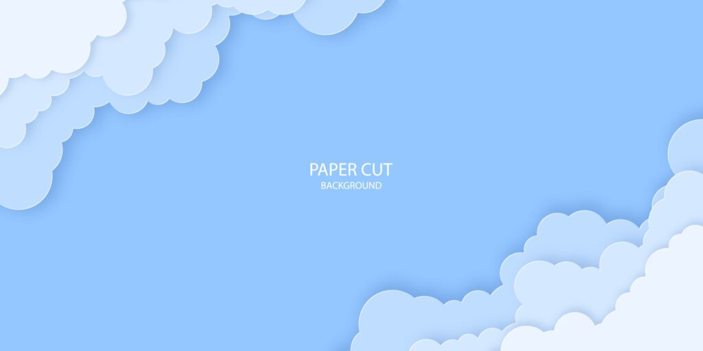 Fluffy paper cut out clouds on blue sky background. Free Vector