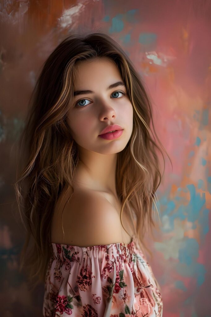 Bold Elegance Beautiful Girl Adorned by a Vibrant Painterly Background Free Photo