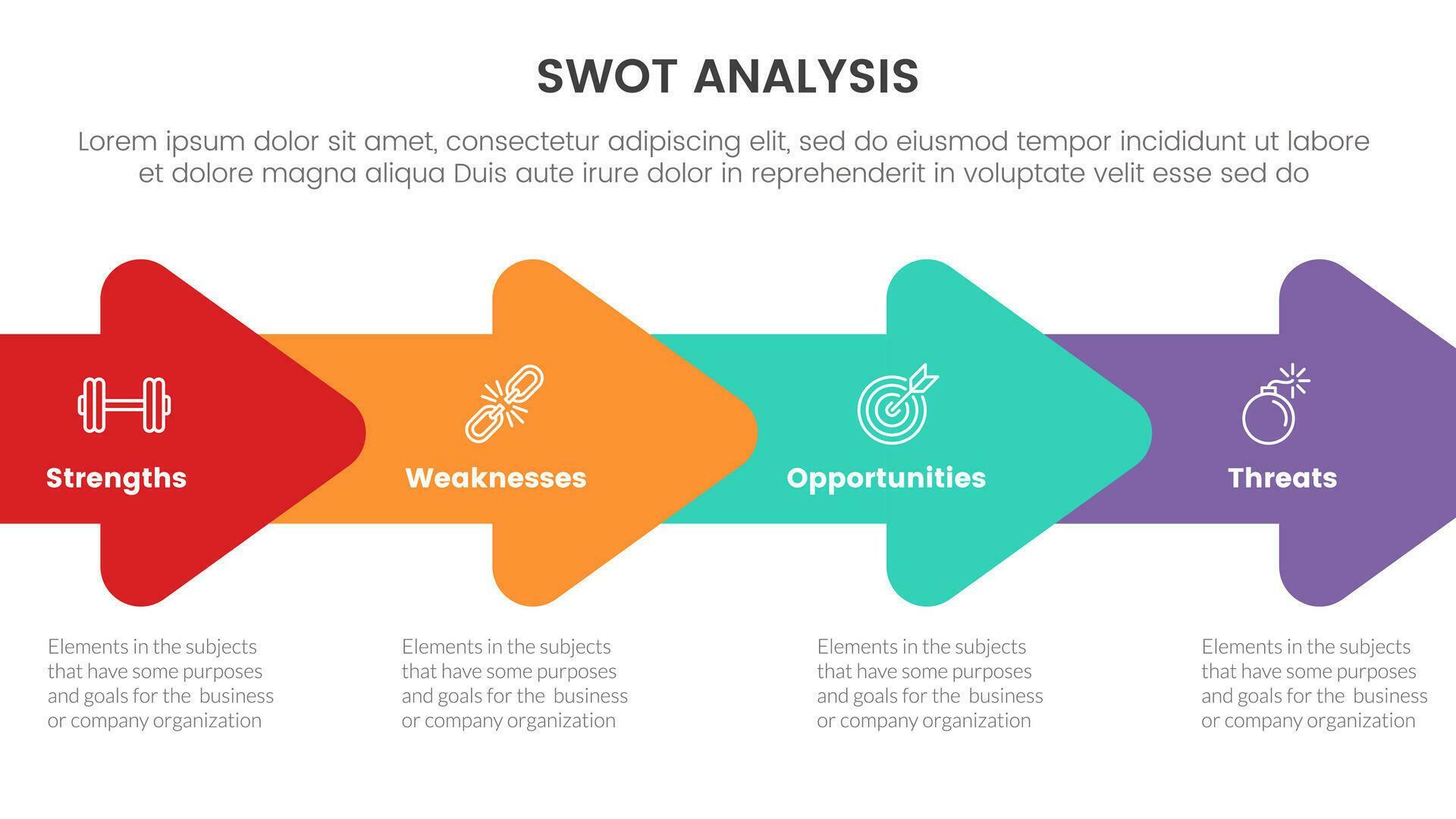 swot analysis concept with right arrow direction symmetric for infographic template banner with four point list information vector Stock Free