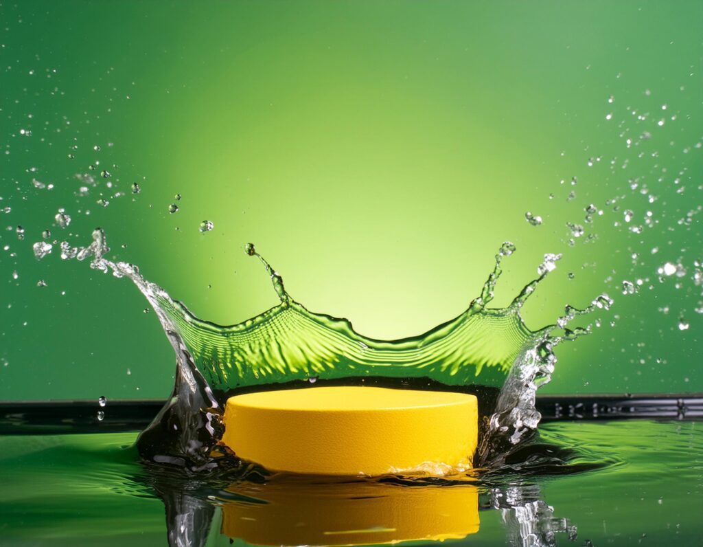 empty yellow podium mockup with water splash on a gradient background for product display Stock Free