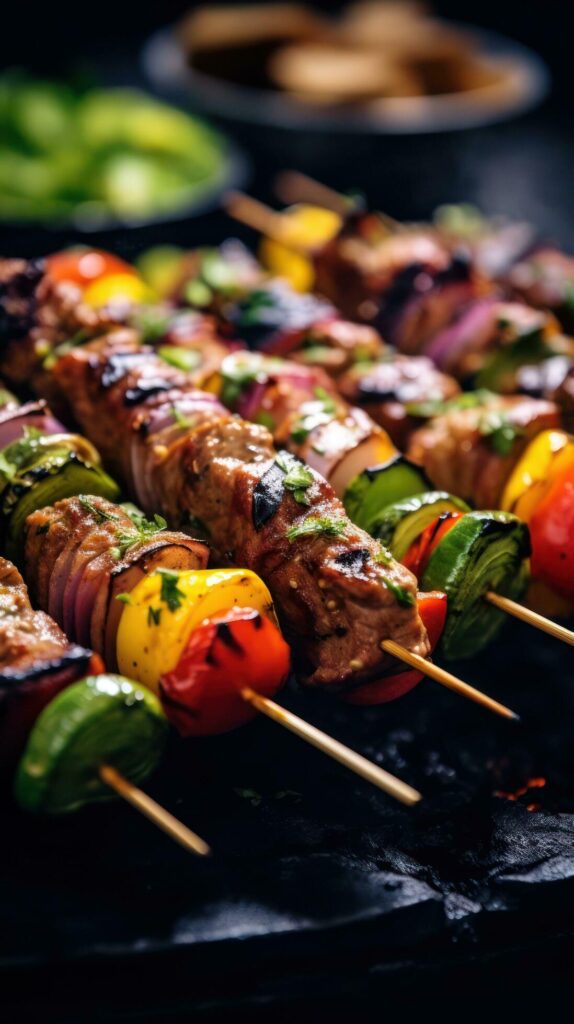 Skewers of meat and vegetables on a grill AI Generated Free Photo