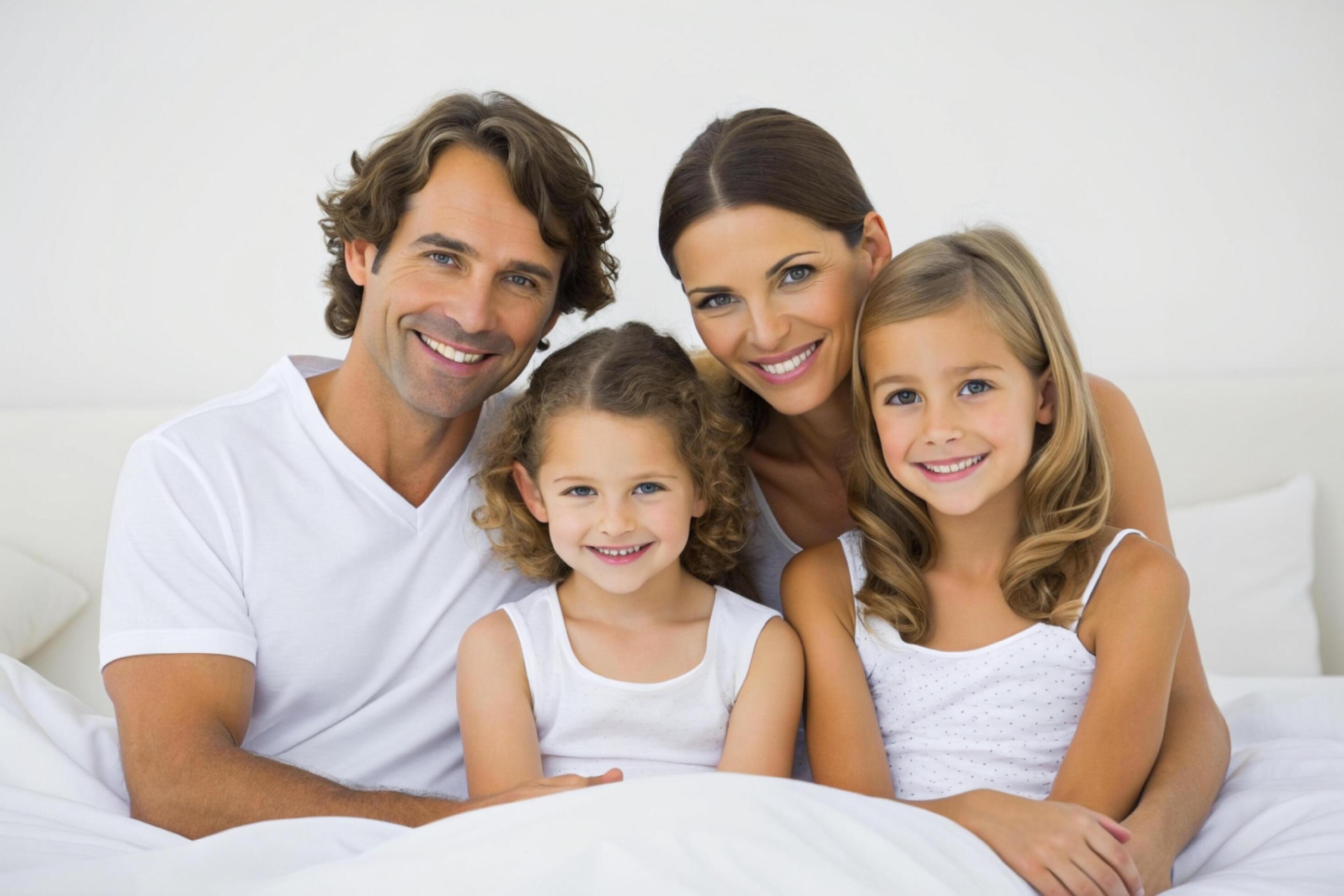 AI generated happy family on white bed in the bedroom Stock Free