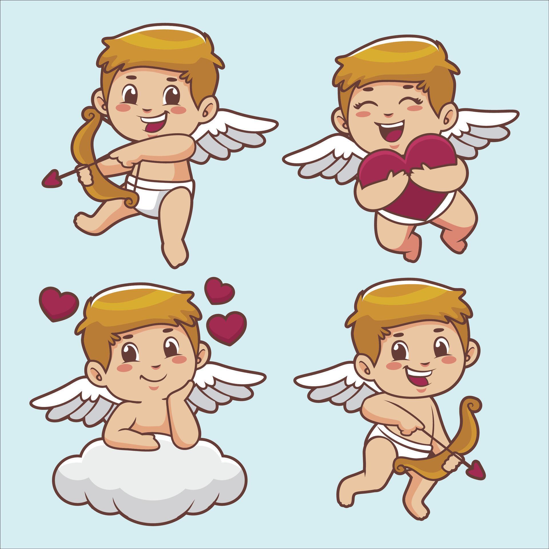 cute cupid boy with heart, bow and arrow, angel and cloud illustration Stock Free