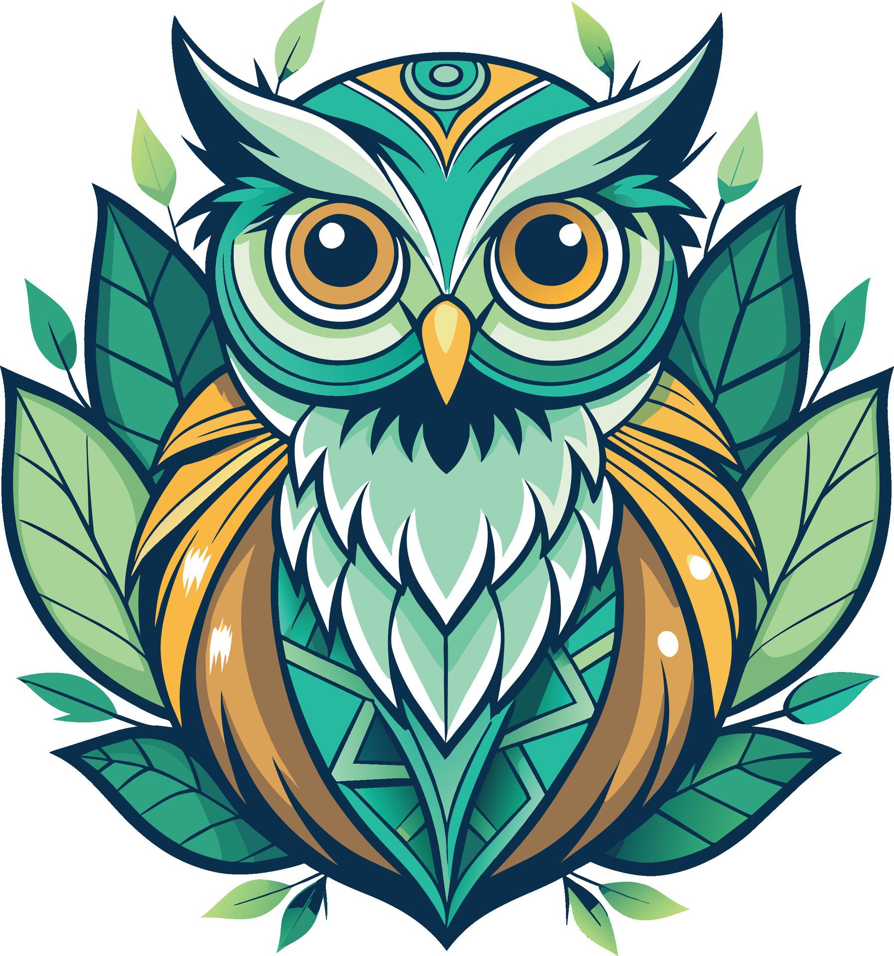 Owl with green leaves. Hand drawn vector illustration for your design Free Vector