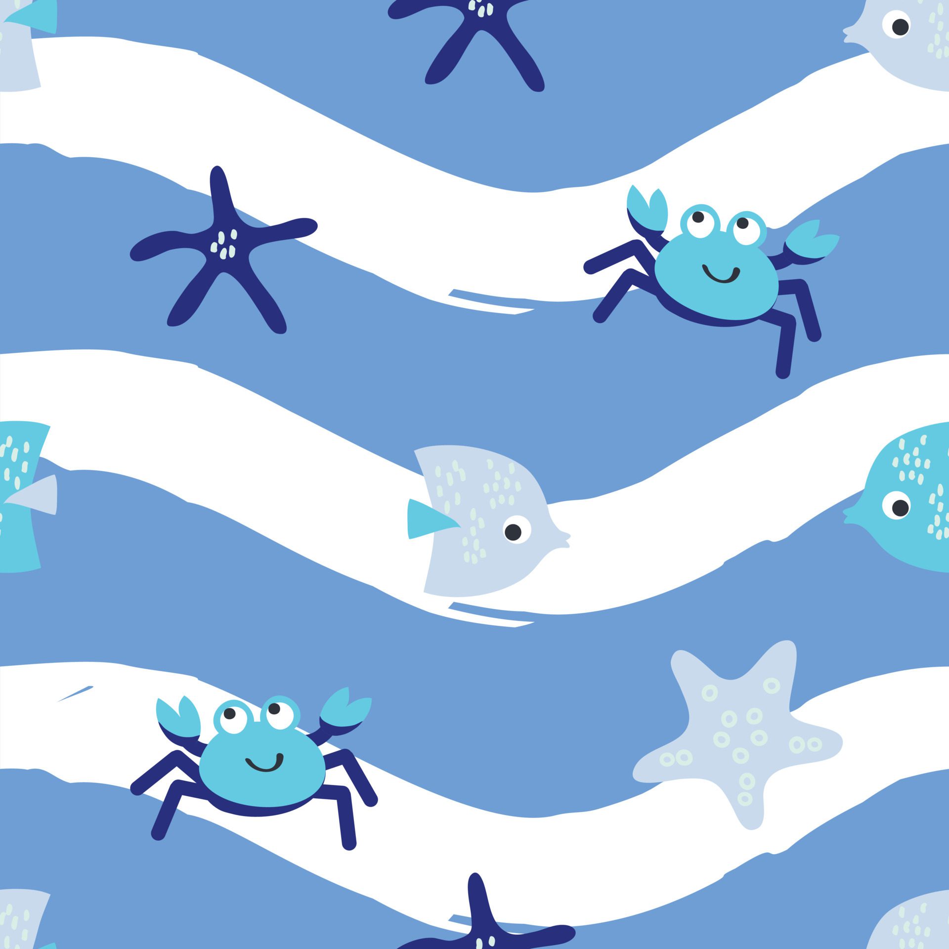 Blue wave sea animals seamless pattern Print Free Vector