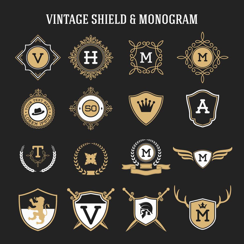 set of vintage monogram and shield elements Stock Free