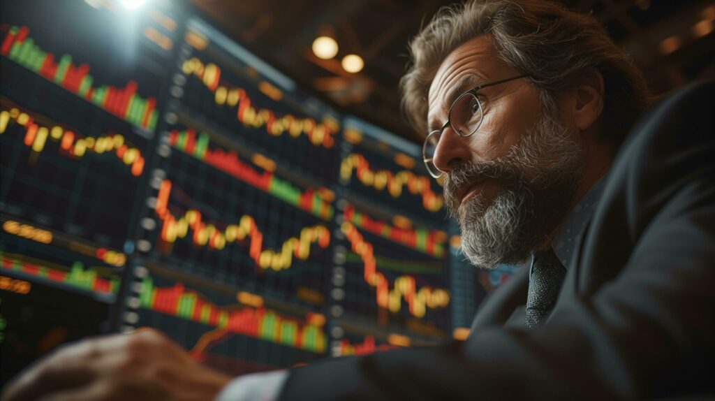 Focused businessman analyzing stock market charts on large display Free Photo