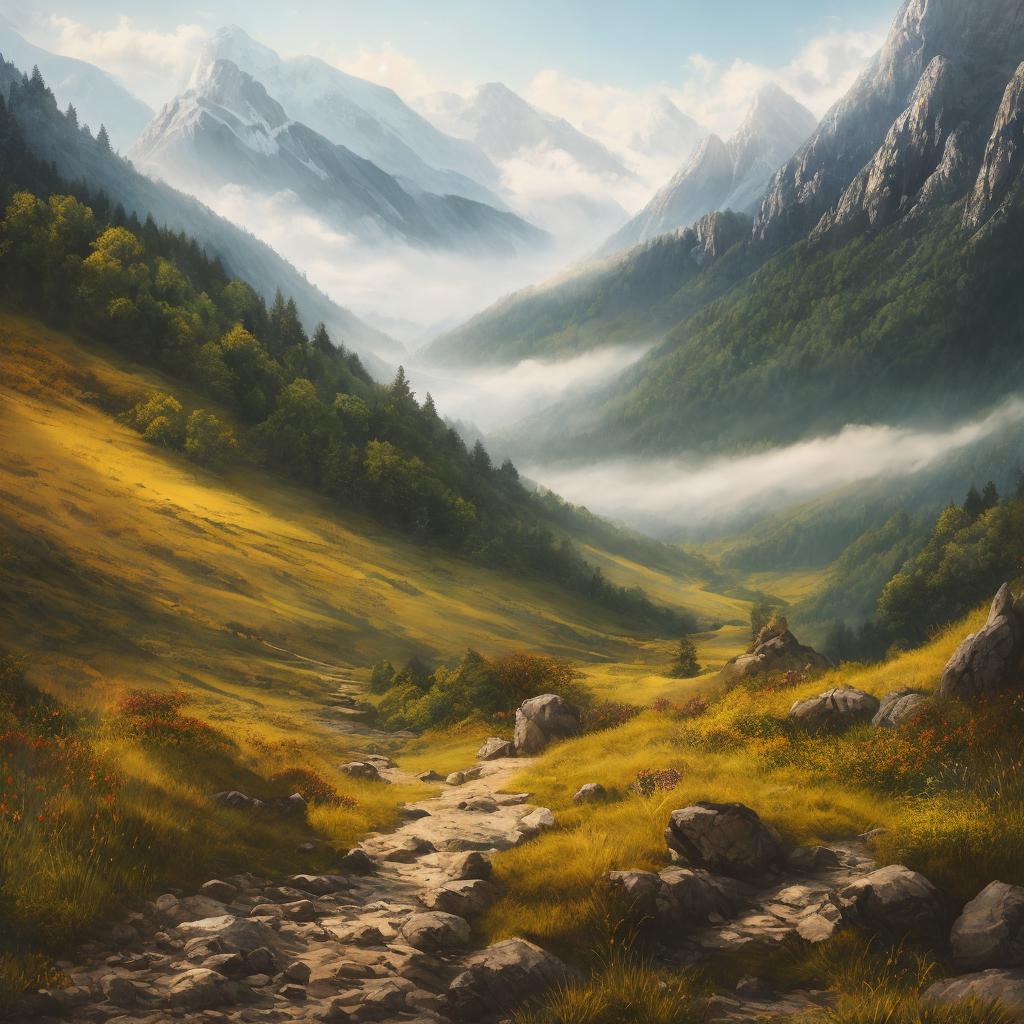 “Mountain landscape, serene ambiance, by @ai_generated