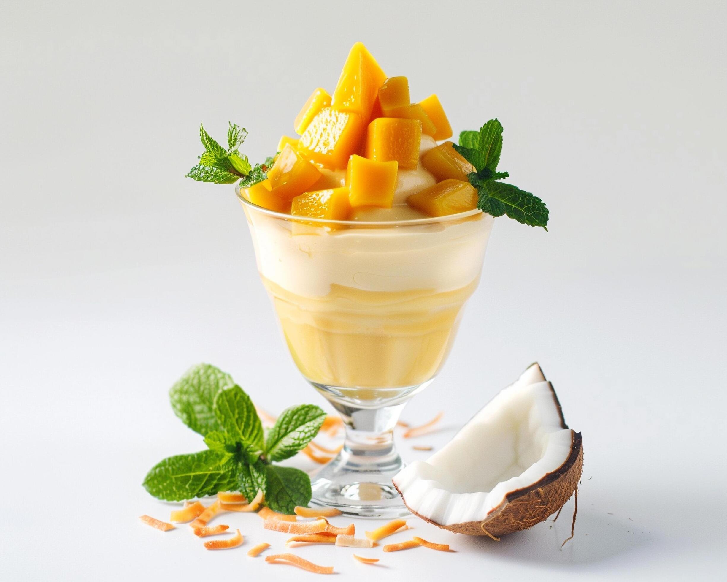 a dessert with mango and coconut on a white background Stock Free