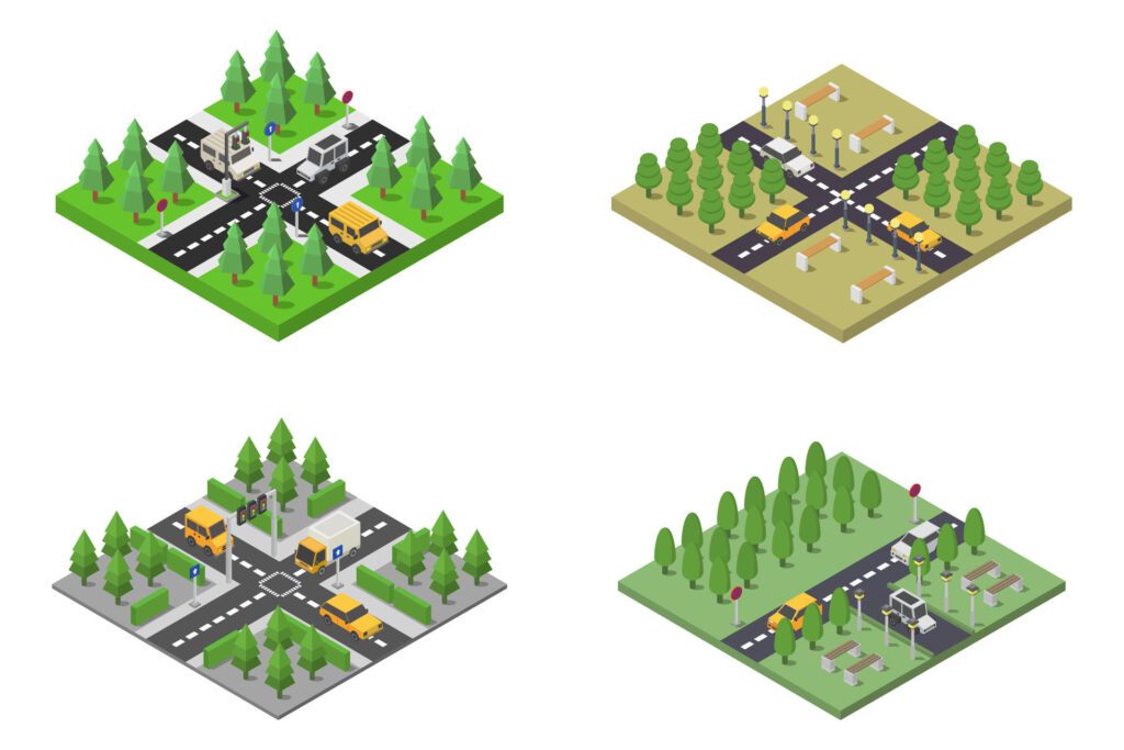 Isometric road intersections on white background Free Vector