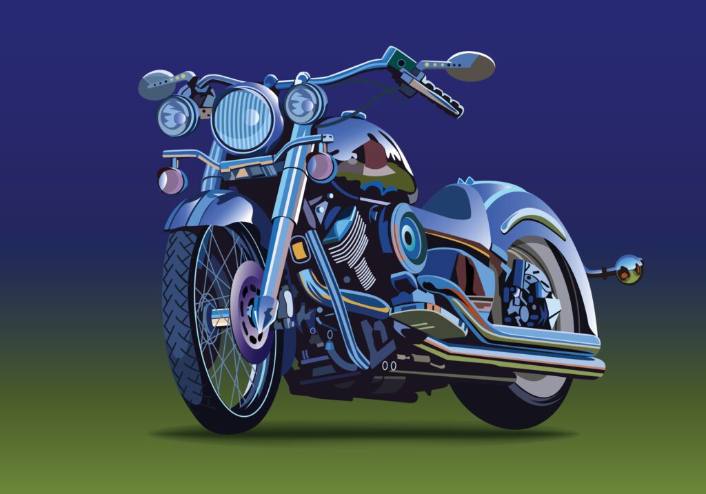 Classic blue motorcycle with metal and chrome-plated accessories on a blue background. Free Vector