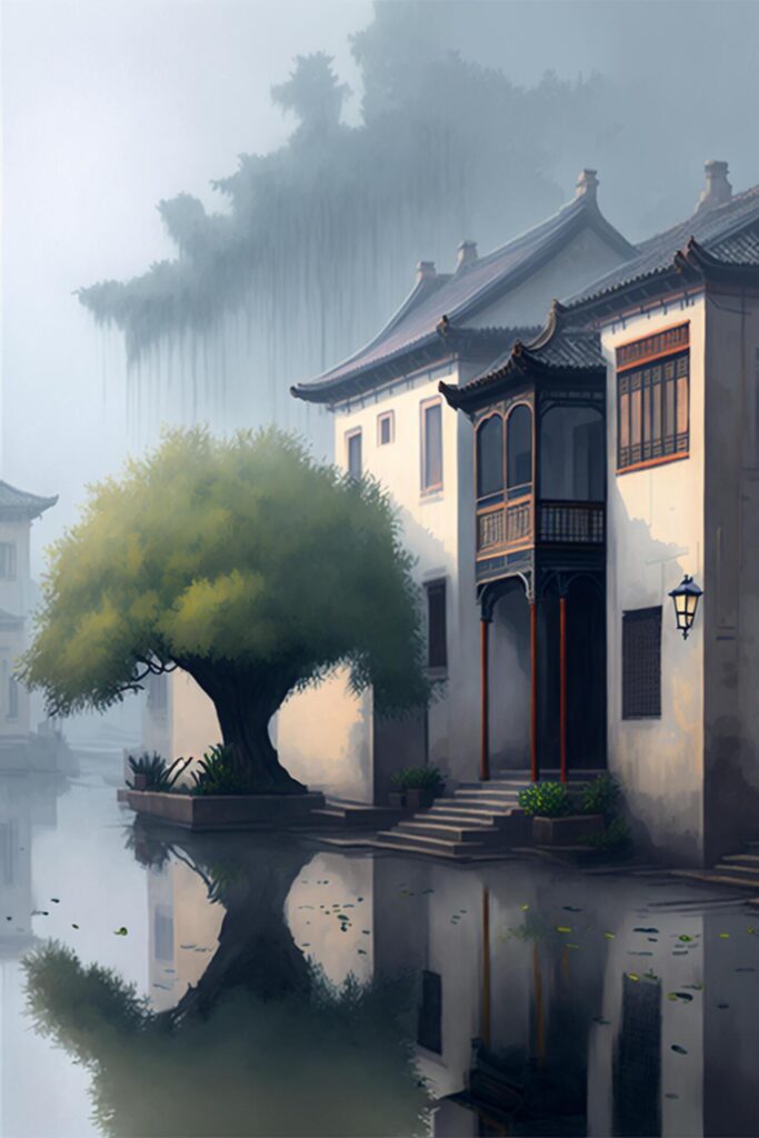 Jiangnan misty rain map. The town is full of quaint house. . Stock Free