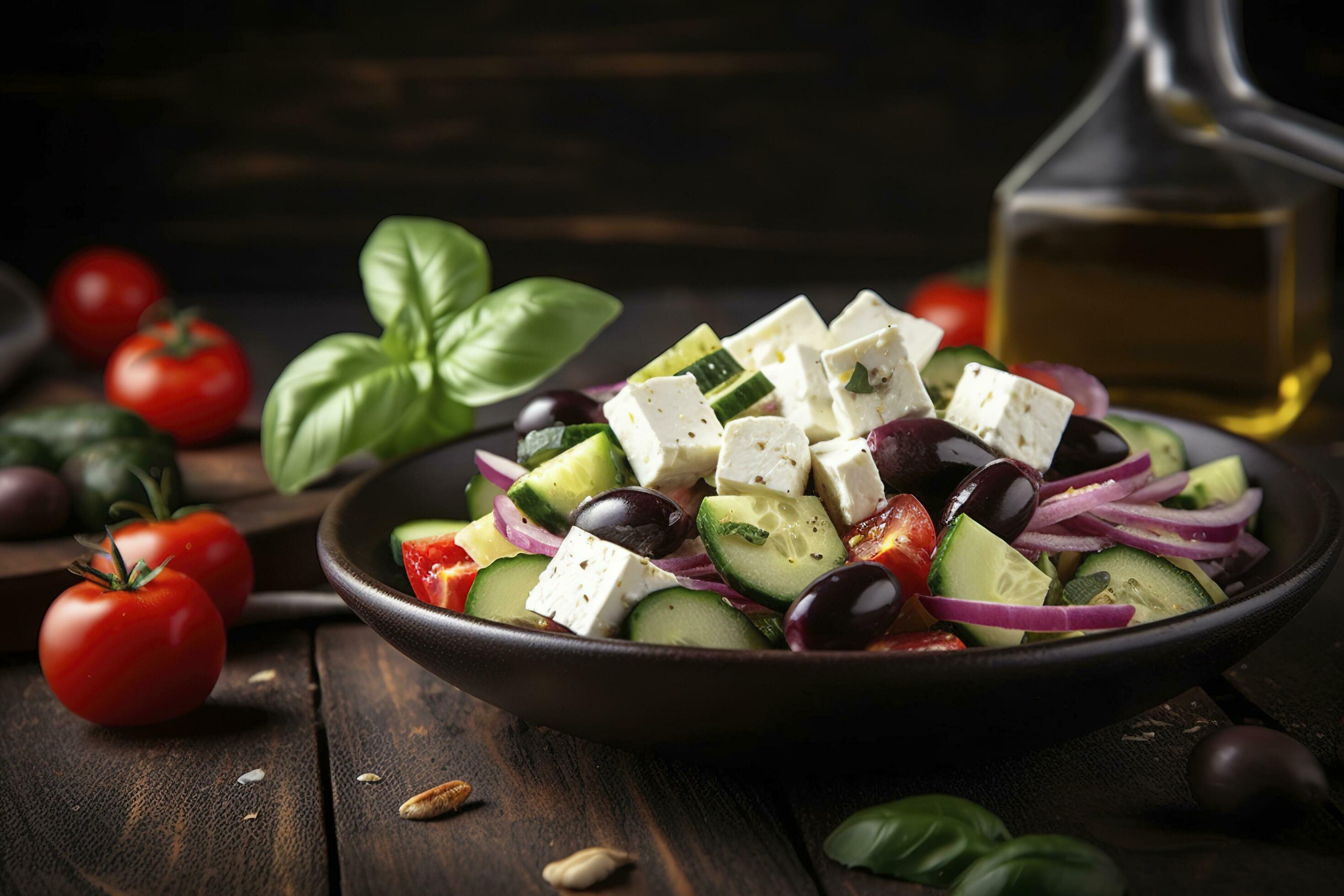 Greek salad with fresh vegetables, feta cheese, kalamata olives, dried oregano, red wine vinegar and olive oil. Healthy food, generate ai Stock Free