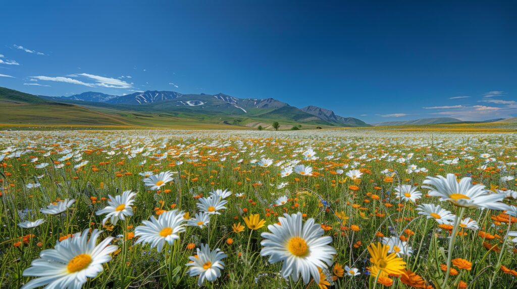 Flower-Filled Field With Mountains in Background Stock Free