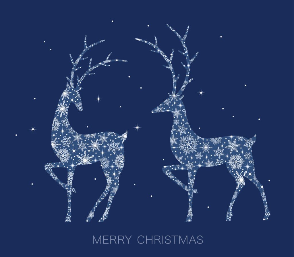 Reindeer Silhouette With Snowflake Pattern Isolated On A Blue Background. Christmas Symbol Vector Illustration. Free Vector