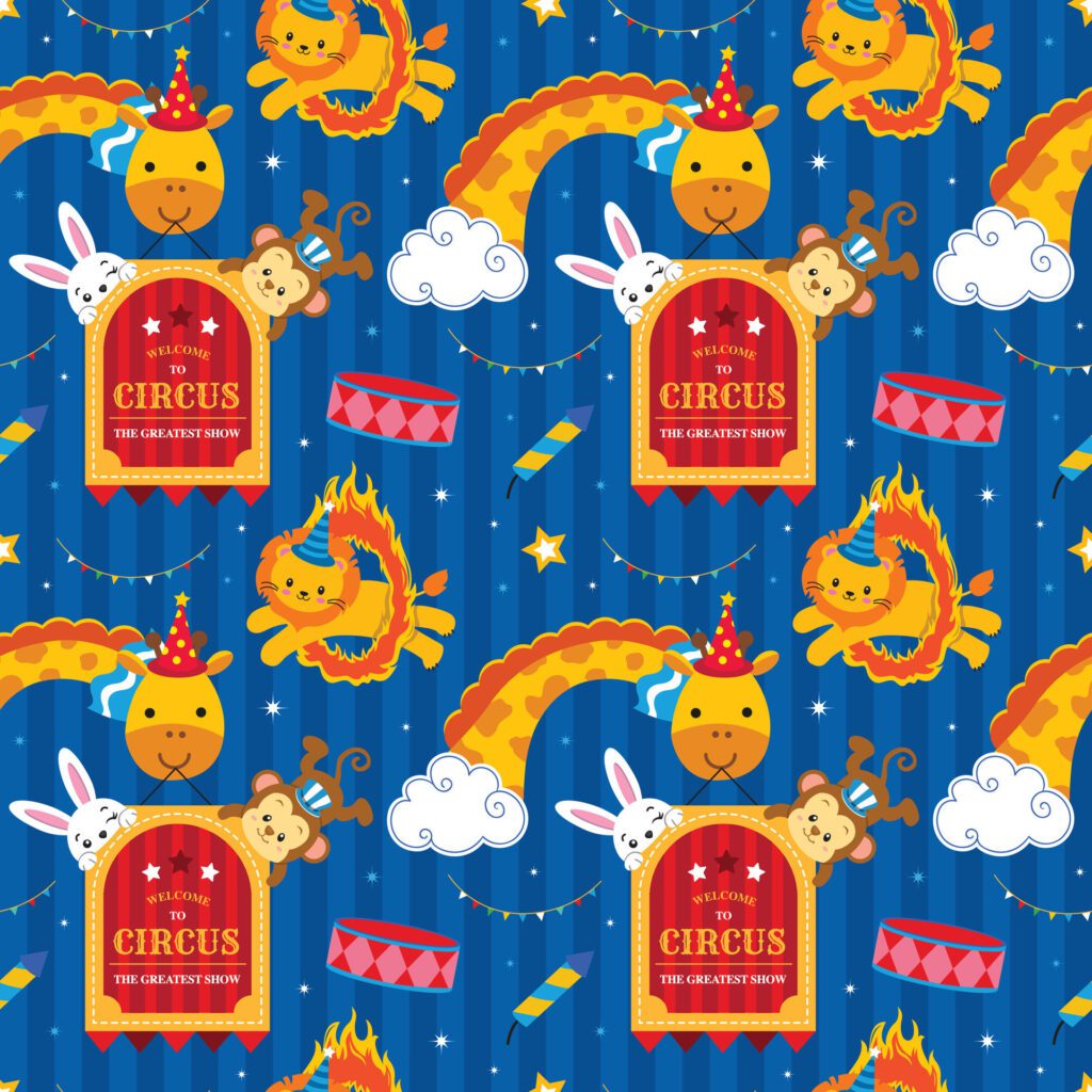 Seamless pattern with cute cartoon circus animals on blue striped background Free Vector