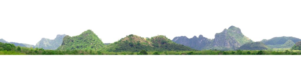 mountain range with a green forest in the foreground and a white background Stock Free