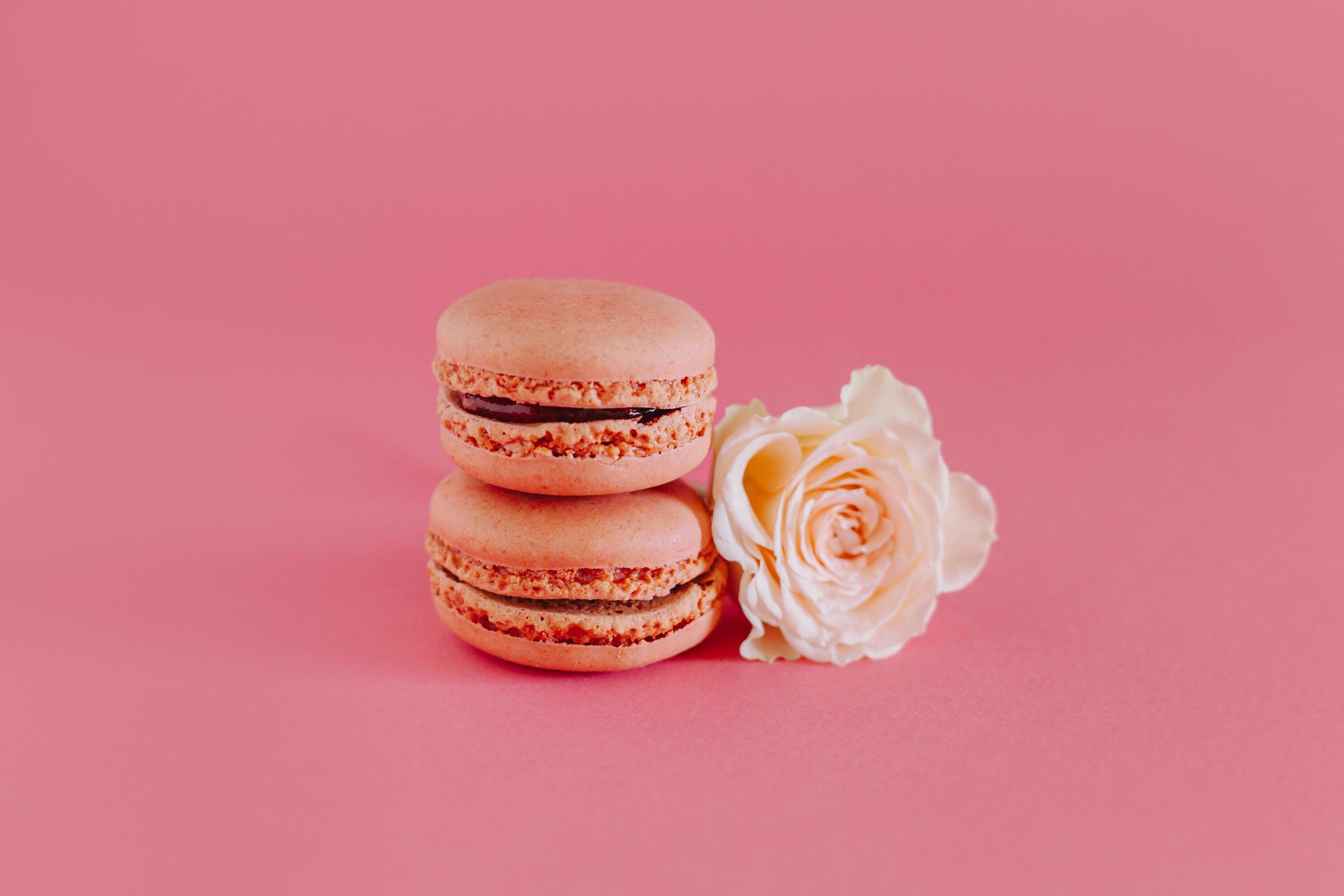 Tasty french macarons with tender rose flowers on a bright pink background. Stock Free