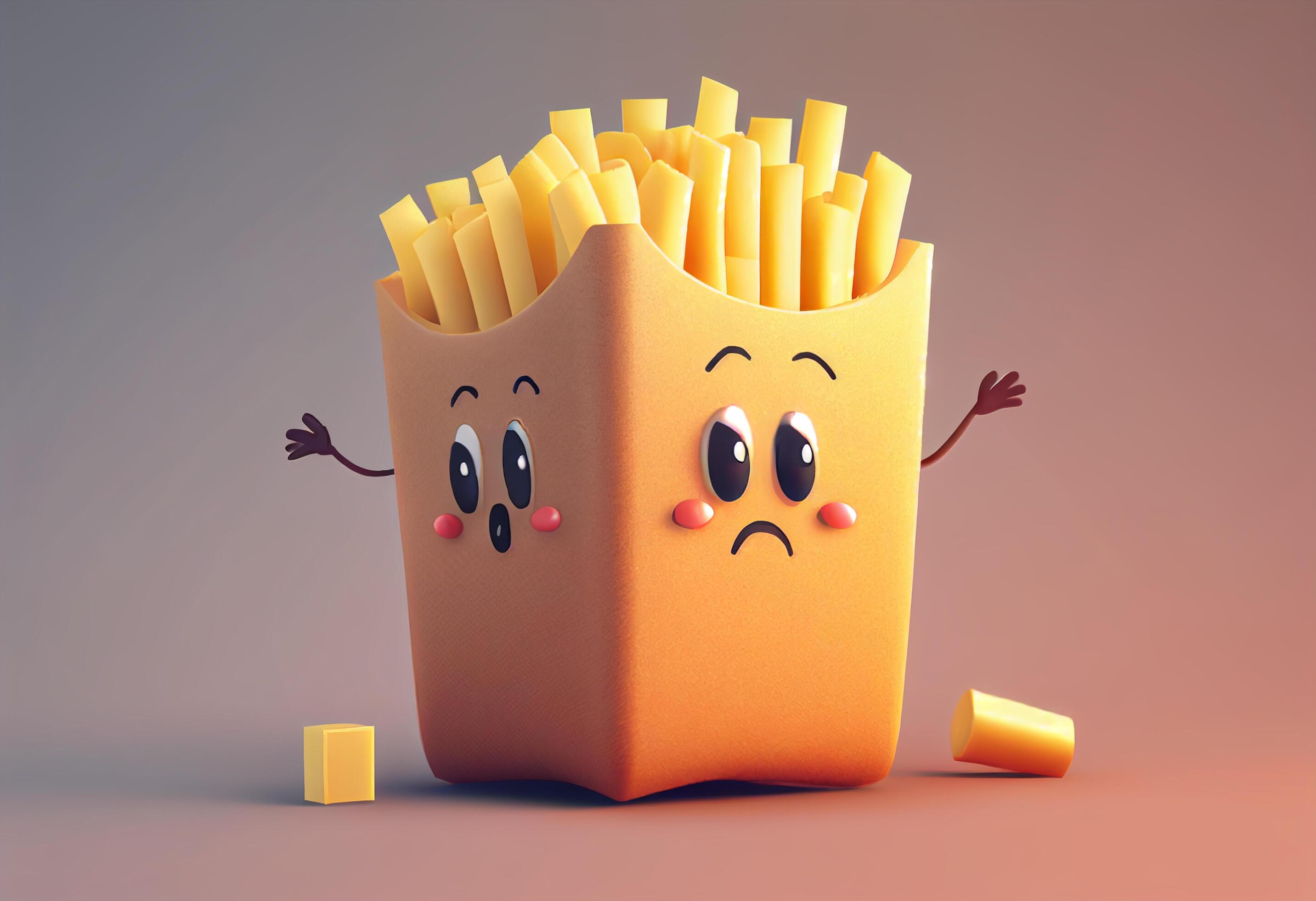 Cute fast food french fries character with sad face. 3d illustration Stock Free